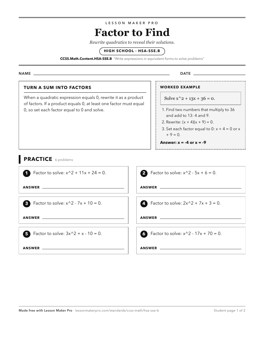 Preview of the CCSS.Math.Content.HSA-SSE.B printable worksheet