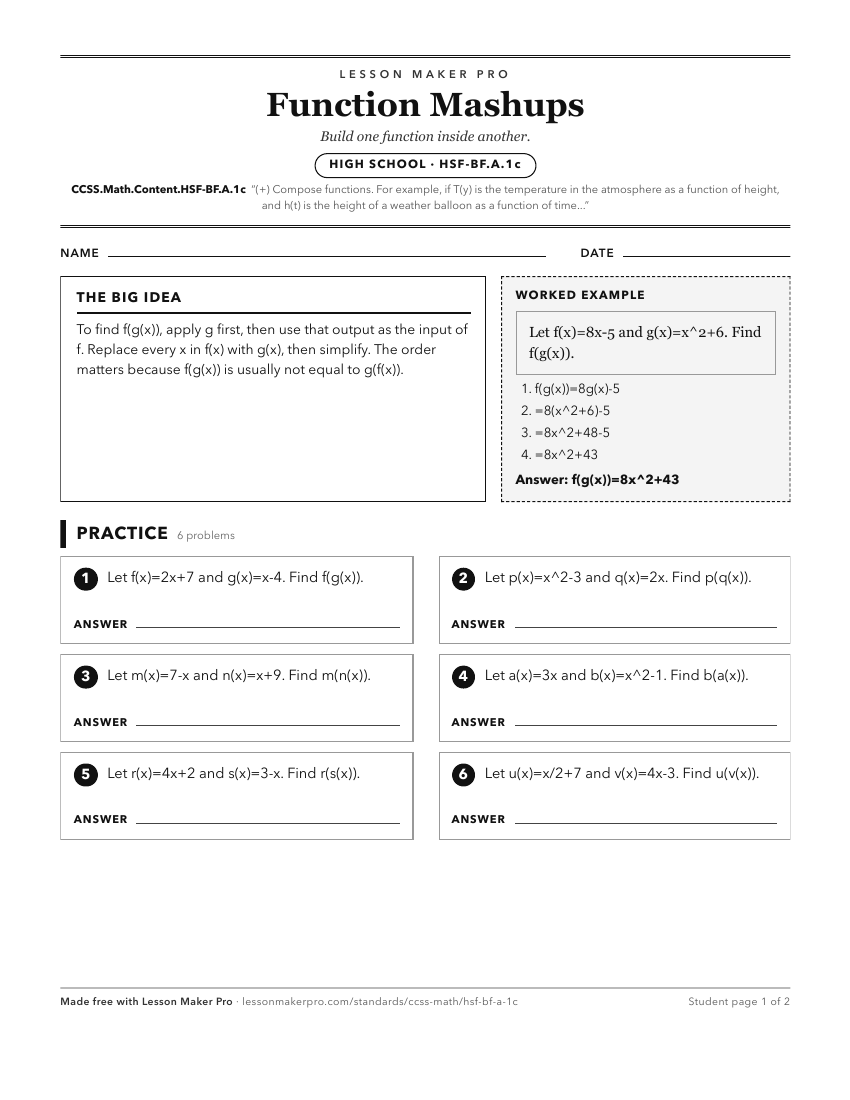Preview of the CCSS.Math.Content.HSF-BF.A.1c printable worksheet