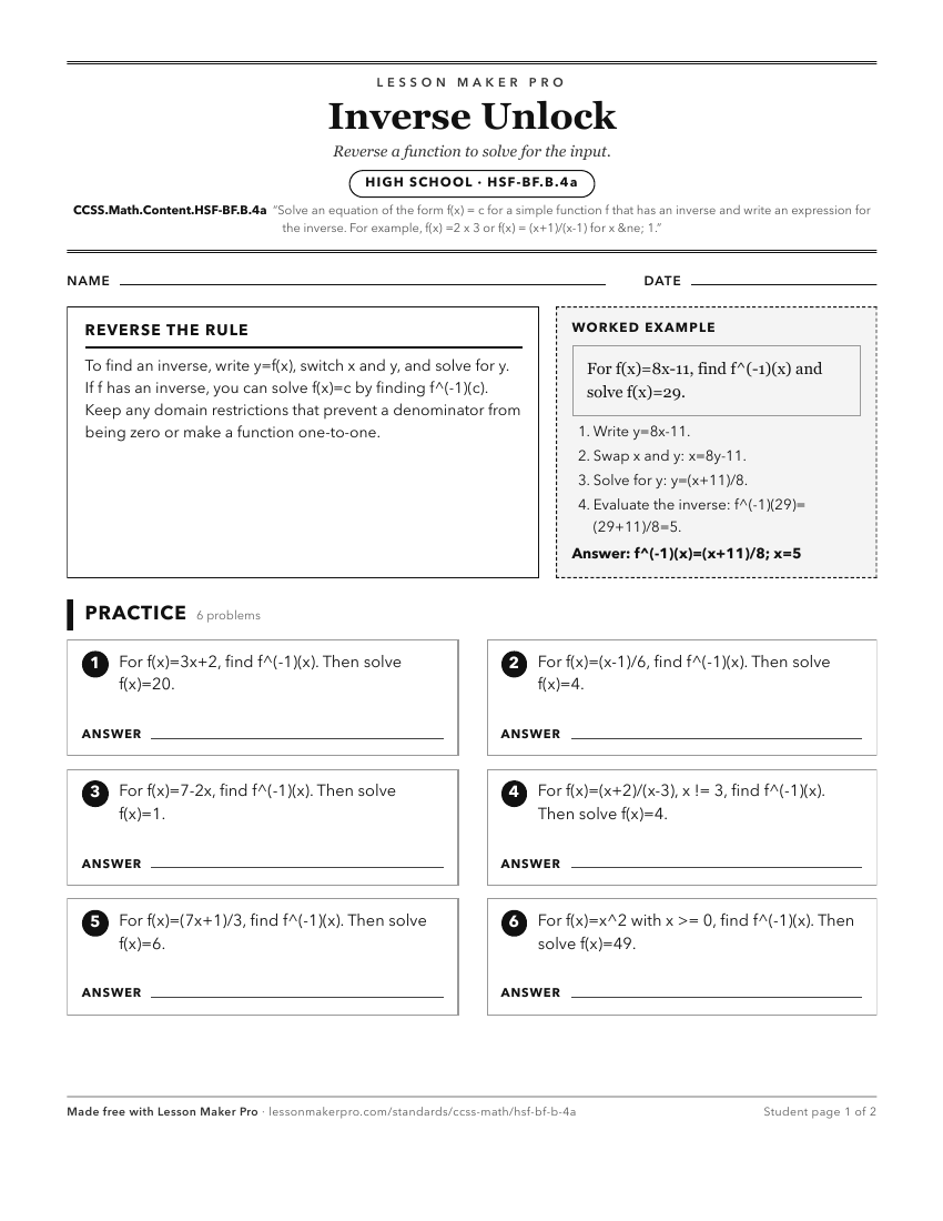 Preview of the CCSS.Math.Content.HSF-BF.B.4a printable worksheet
