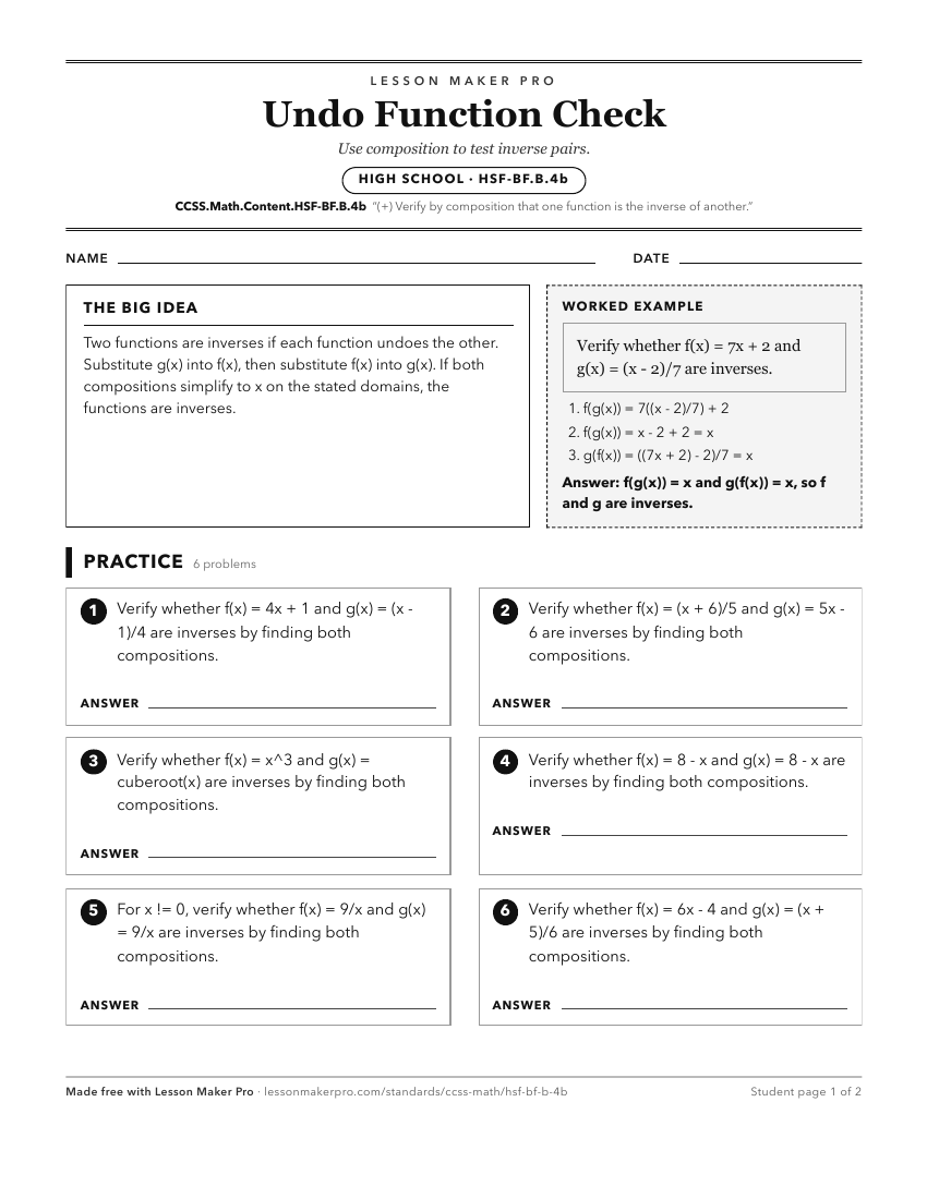 Preview of the CCSS.Math.Content.HSF-BF.B.4b printable worksheet