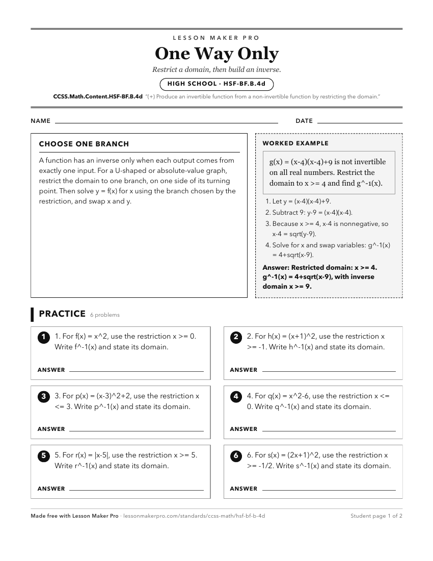 Preview of the CCSS.Math.Content.HSF-BF.B.4d printable worksheet