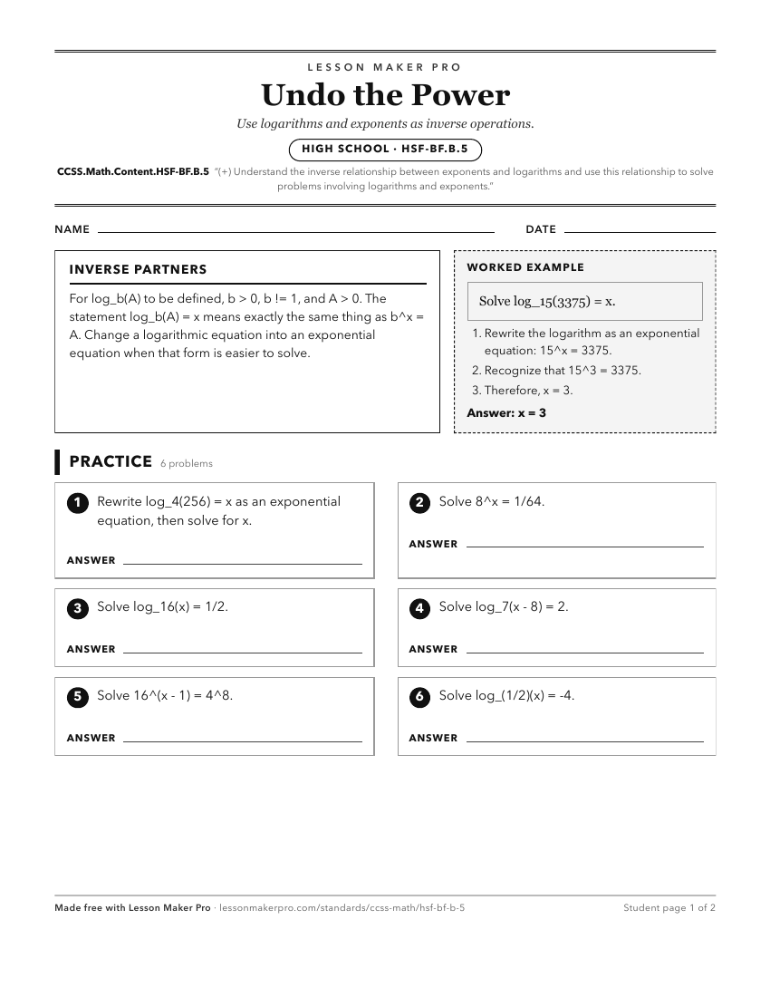Preview of the CCSS.Math.Content.HSF-BF.B.5 printable worksheet