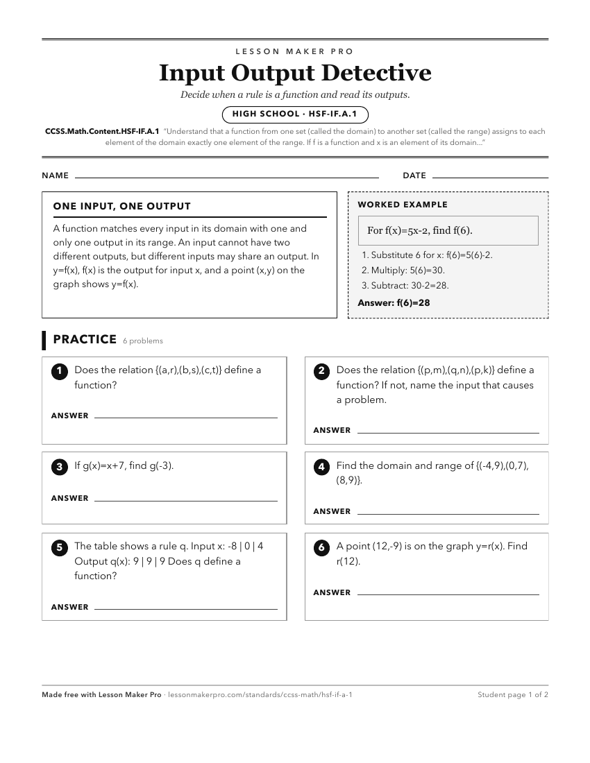 Preview of the CCSS.Math.Content.HSF-IF.A.1 printable worksheet