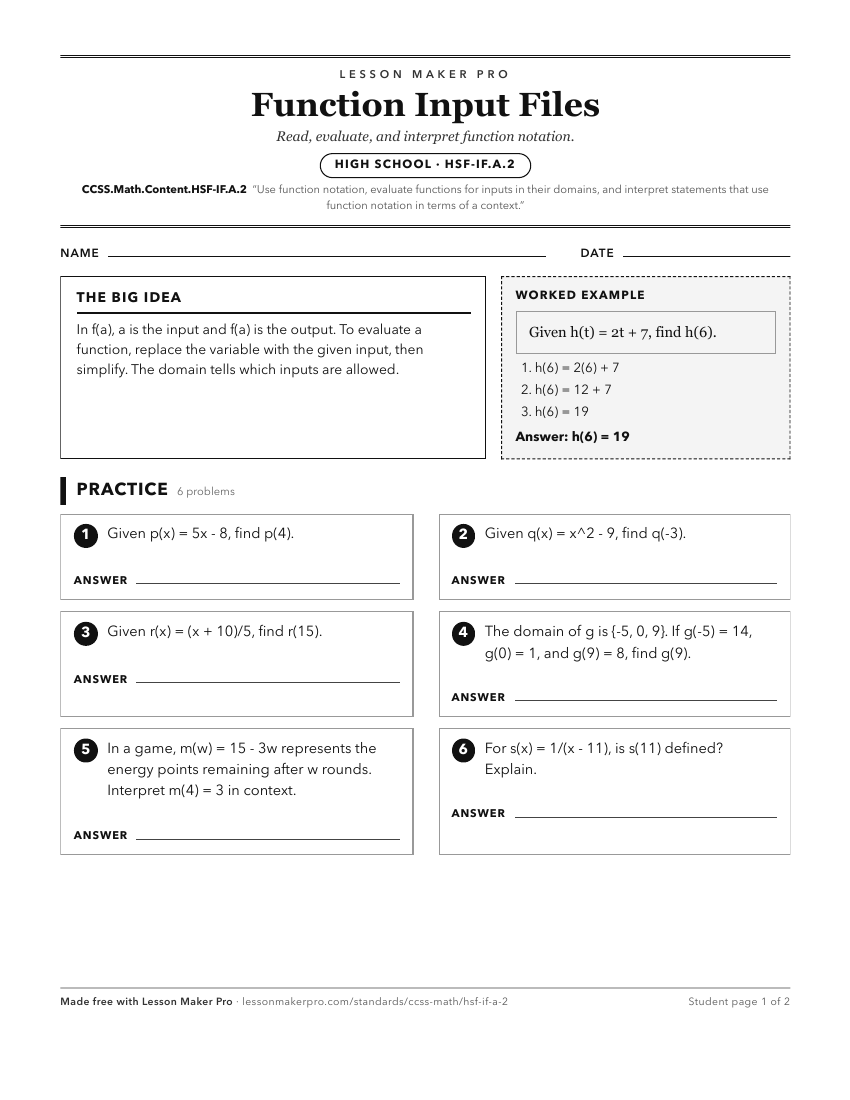 Preview of the CCSS.Math.Content.HSF-IF.A.2 printable worksheet
