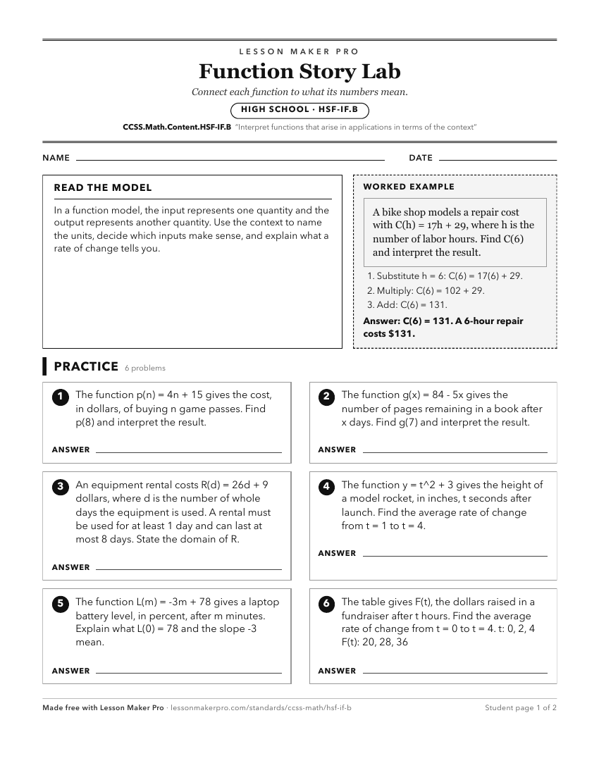 Preview of the CCSS.Math.Content.HSF-IF.B printable worksheet