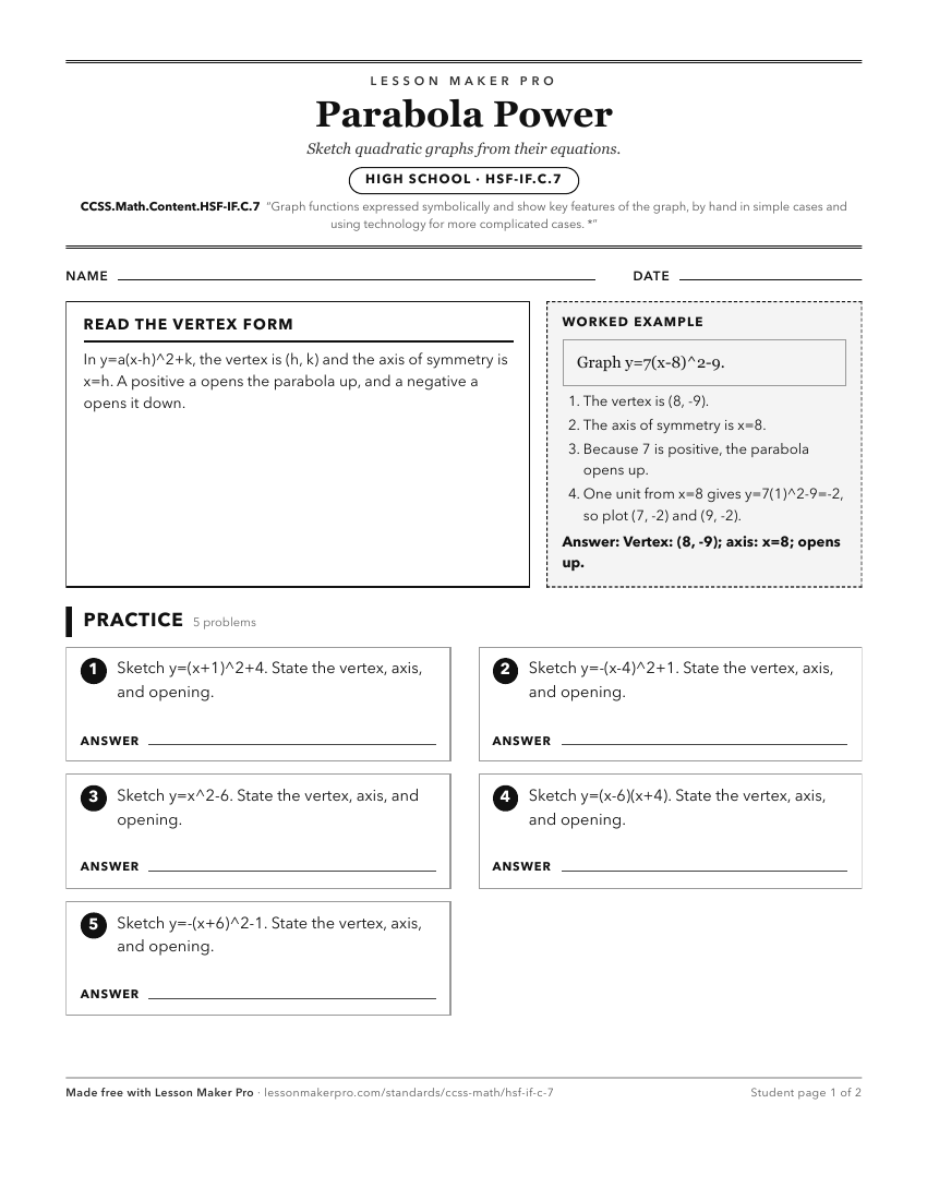 Preview of the CCSS.Math.Content.HSF-IF.C.7 printable worksheet