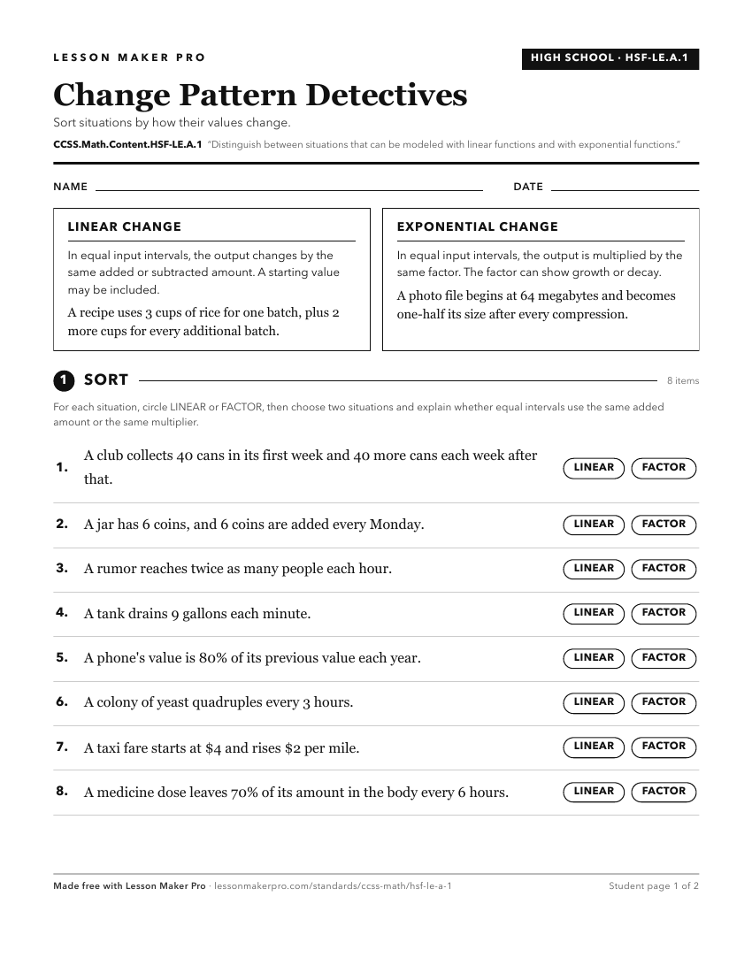 Preview of the CCSS.Math.Content.HSF-LE.A.1 printable worksheet