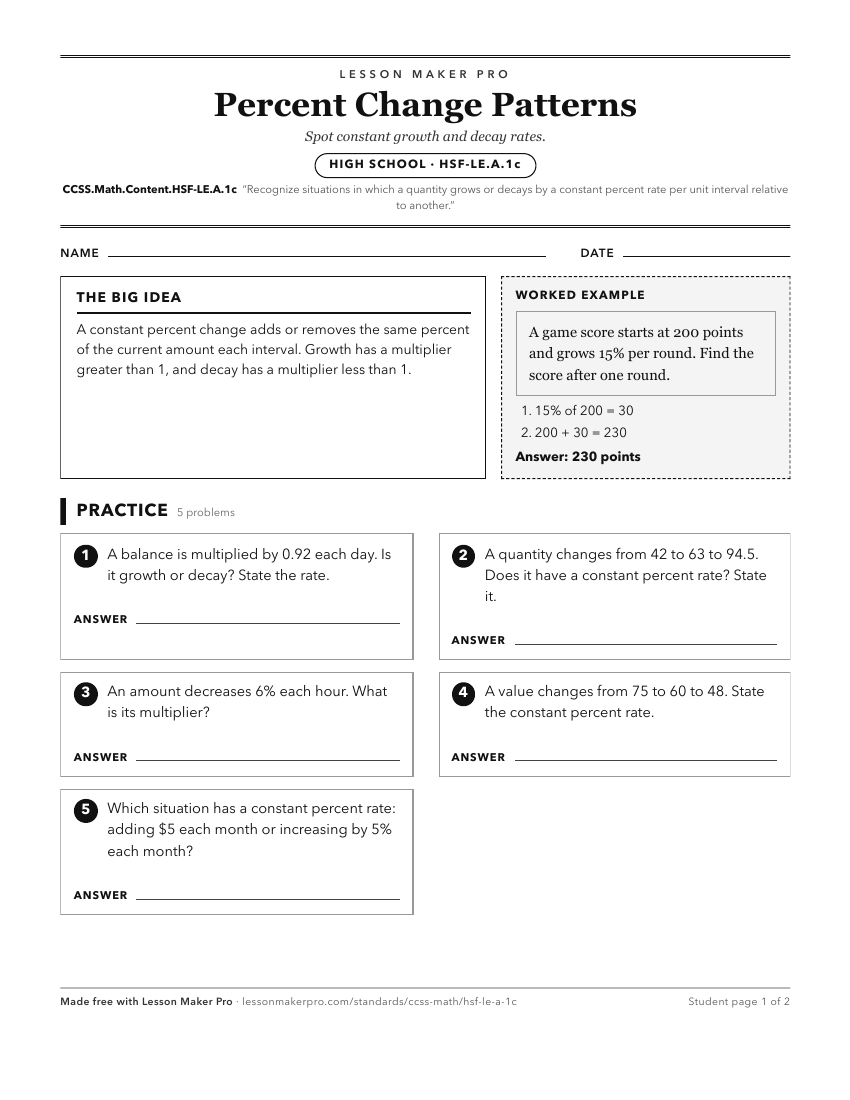 Preview of the CCSS.Math.Content.HSF-LE.A.1c printable worksheet
