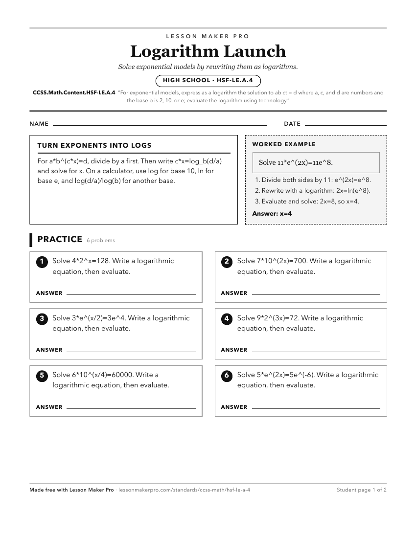 Preview of the CCSS.Math.Content.HSF-LE.A.4 printable worksheet