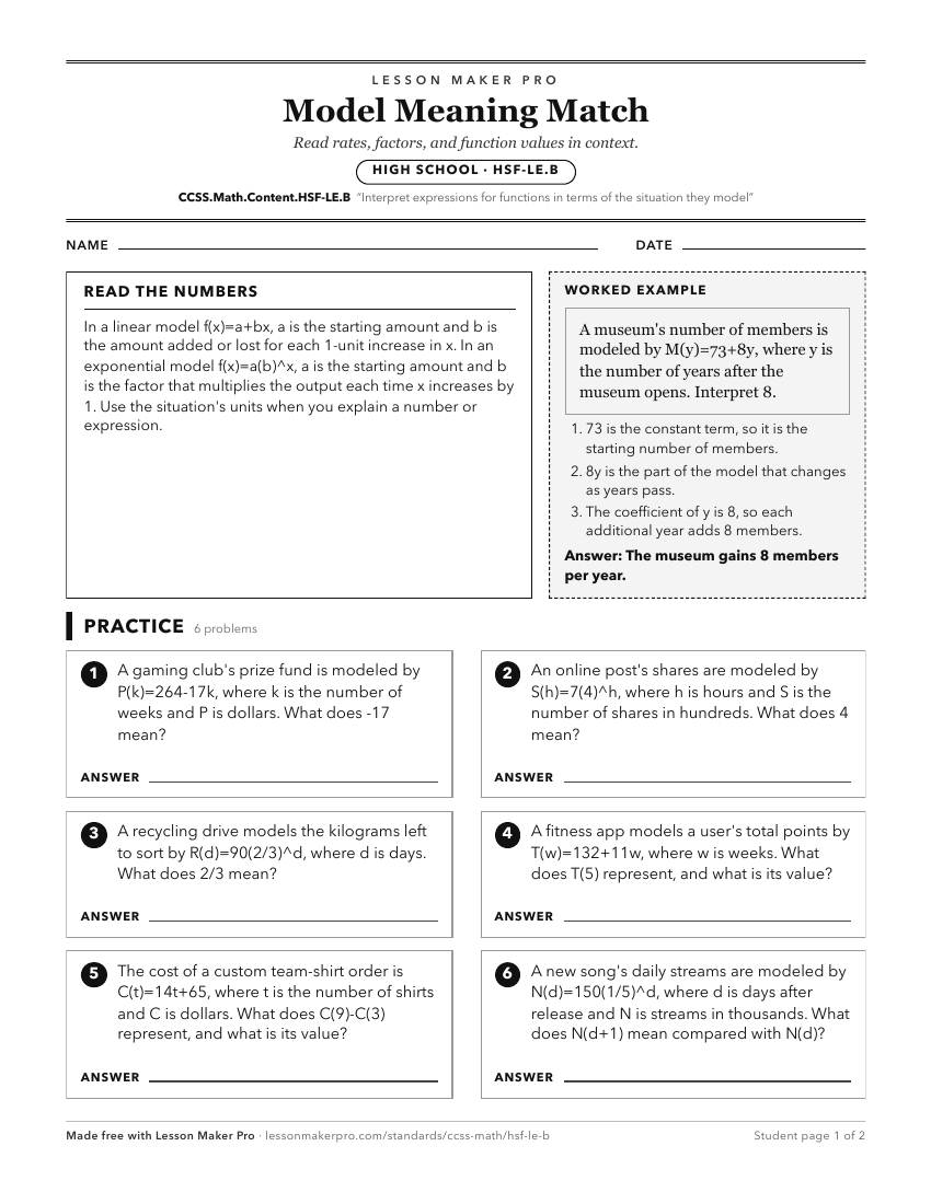Preview of the CCSS.Math.Content.HSF-LE.B printable worksheet