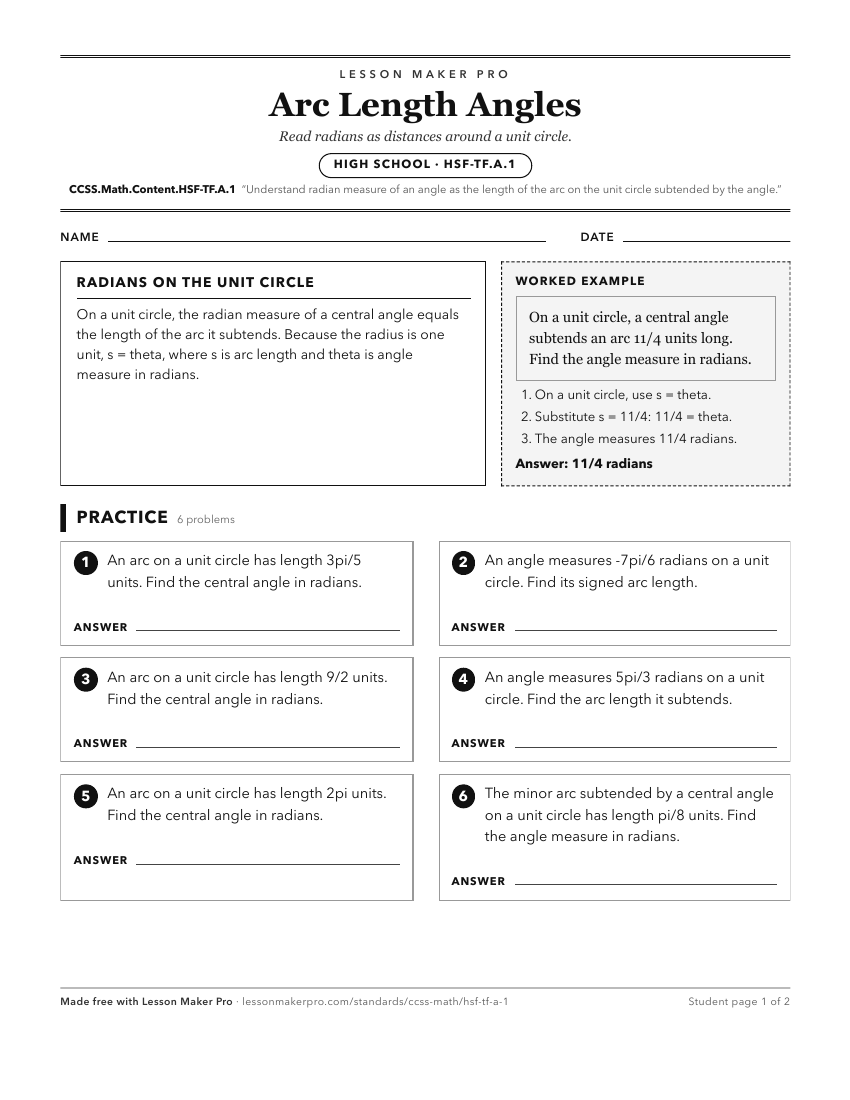 Preview of the CCSS.Math.Content.HSF-TF.A.1 printable worksheet