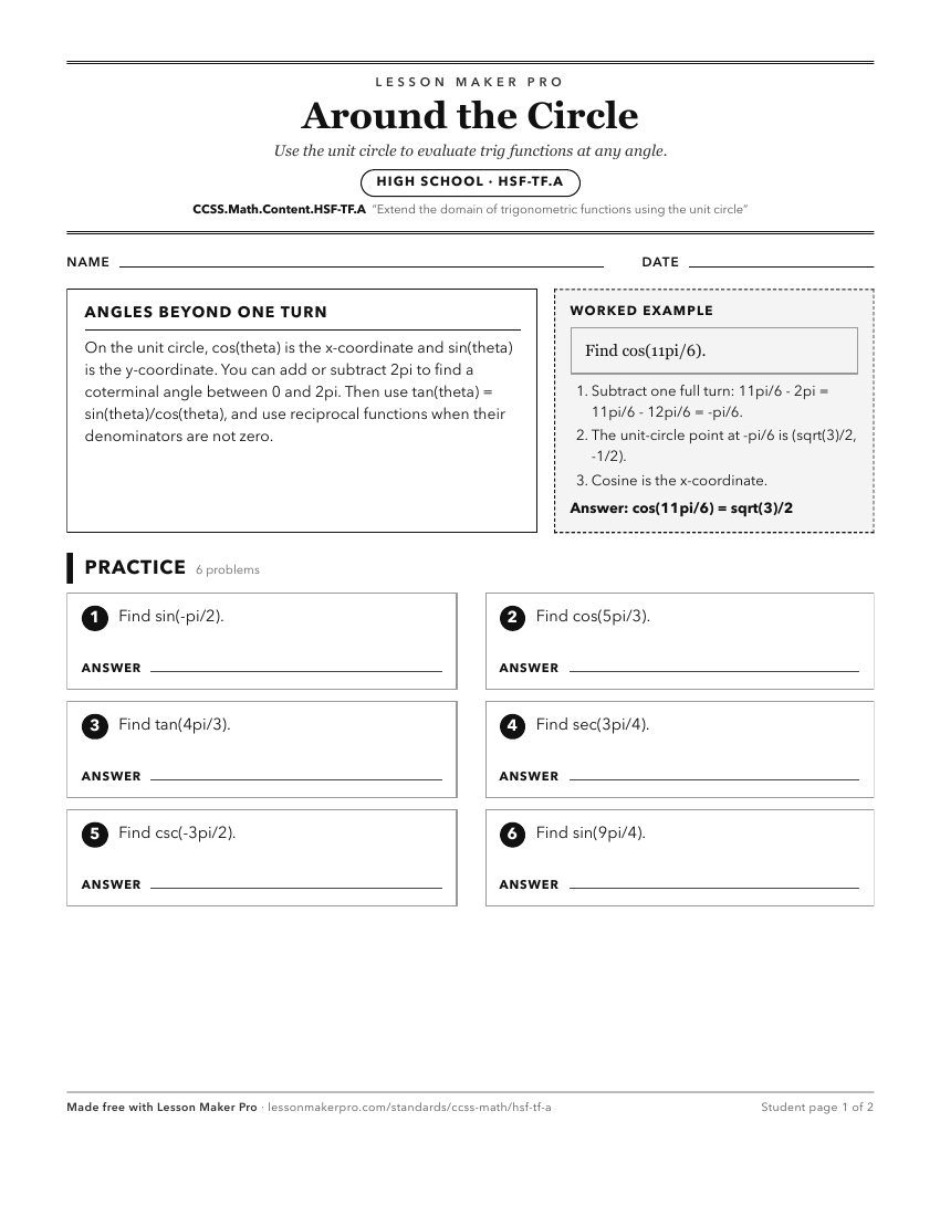 Preview of the CCSS.Math.Content.HSF-TF.A printable worksheet