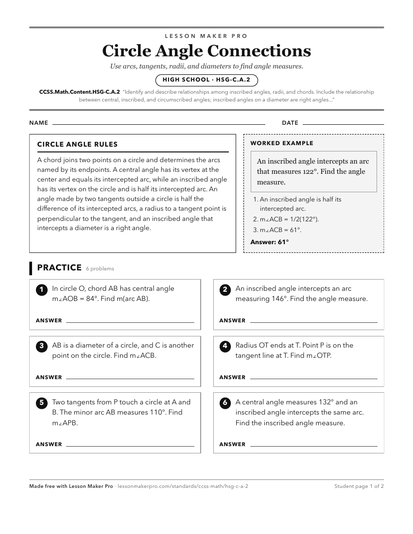 Preview of the CCSS.Math.Content.HSG-C.A.2 printable worksheet