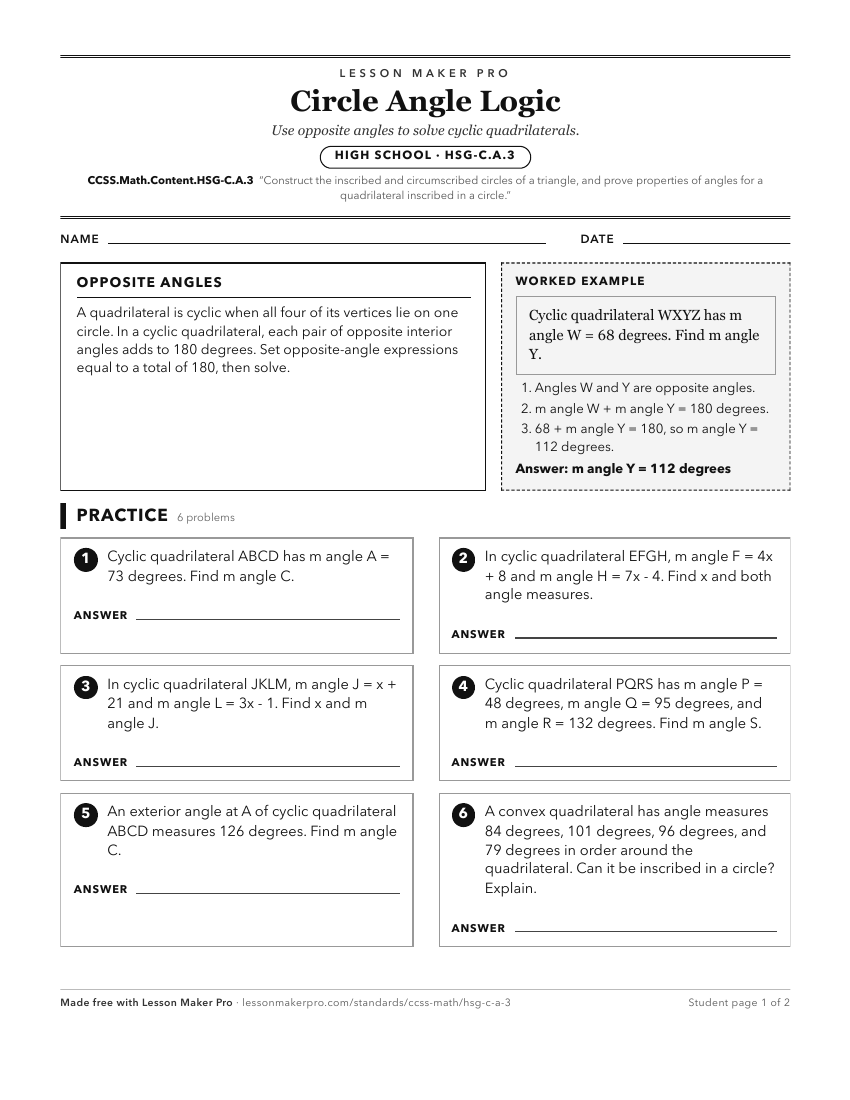 Preview of the CCSS.Math.Content.HSG-C.A.3 printable worksheet