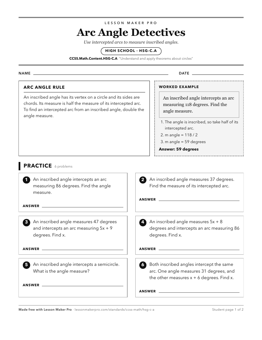 Preview of the CCSS.Math.Content.HSG-C.A printable worksheet