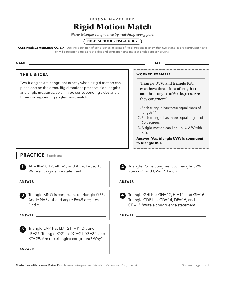 Preview of the CCSS.Math.Content.HSG-CO.B.7 printable worksheet