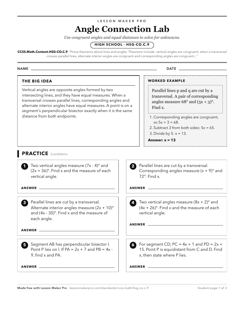 Preview of the CCSS.Math.Content.HSG-CO.C.9 printable worksheet