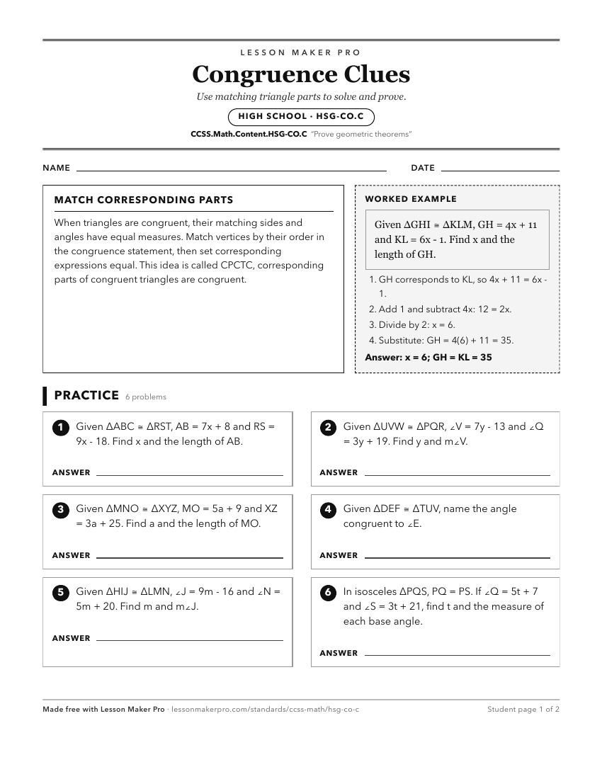 Preview of the CCSS.Math.Content.HSG-CO.C printable worksheet