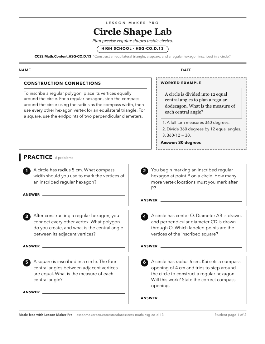 Preview of the CCSS.Math.Content.HSG-CO.D.13 printable worksheet