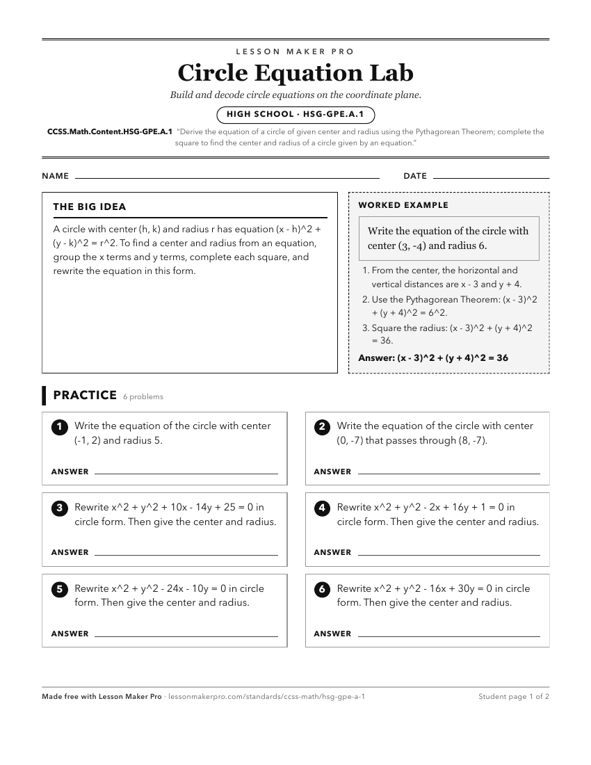 Preview of the CCSS.Math.Content.HSG-GPE.A.1 printable worksheet
