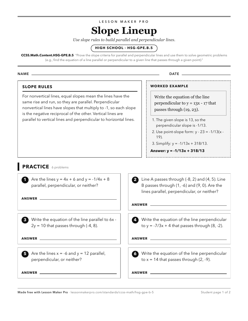 Preview of the CCSS.Math.Content.HSG-GPE.B.5 printable worksheet