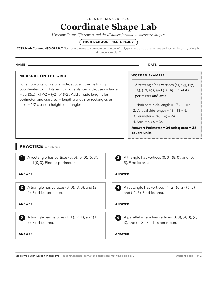 Preview of the CCSS.Math.Content.HSG-GPE.B.7 printable worksheet