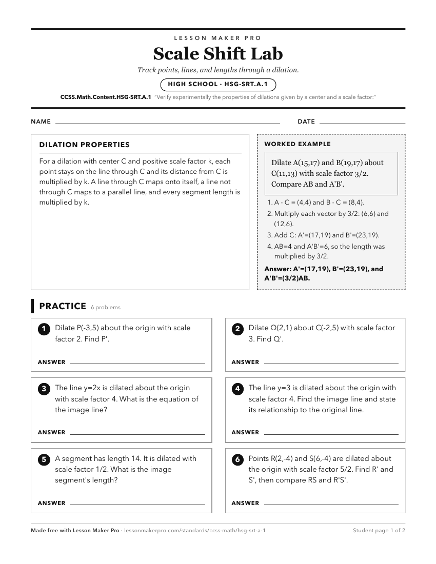 Preview of the CCSS.Math.Content.HSG-SRT.A.1 printable worksheet
