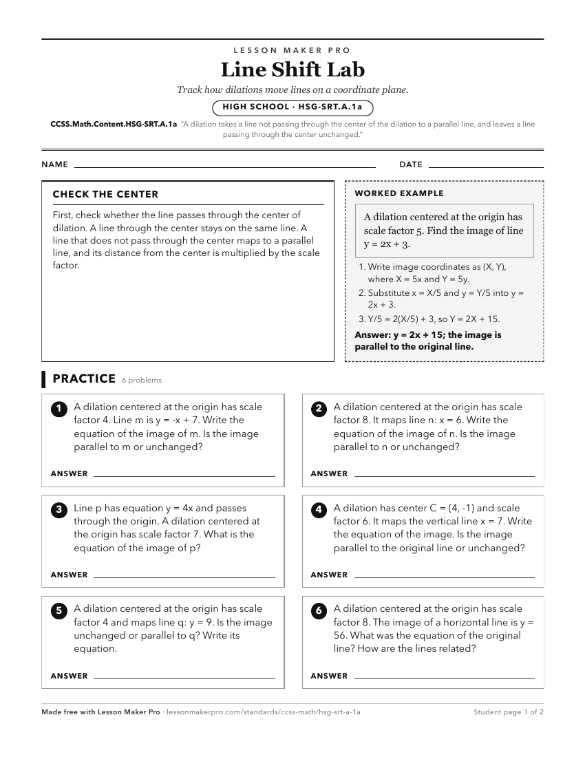 Preview of the CCSS.Math.Content.HSG-SRT.A.1a printable worksheet