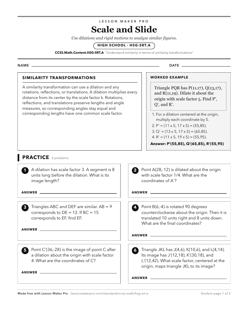 Preview of the CCSS.Math.Content.HSG-SRT.A printable worksheet