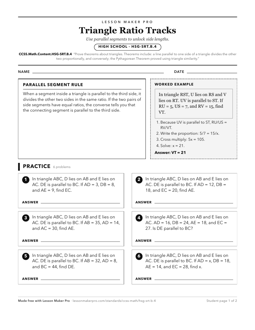 Preview of the CCSS.Math.Content.HSG-SRT.B.4 printable worksheet