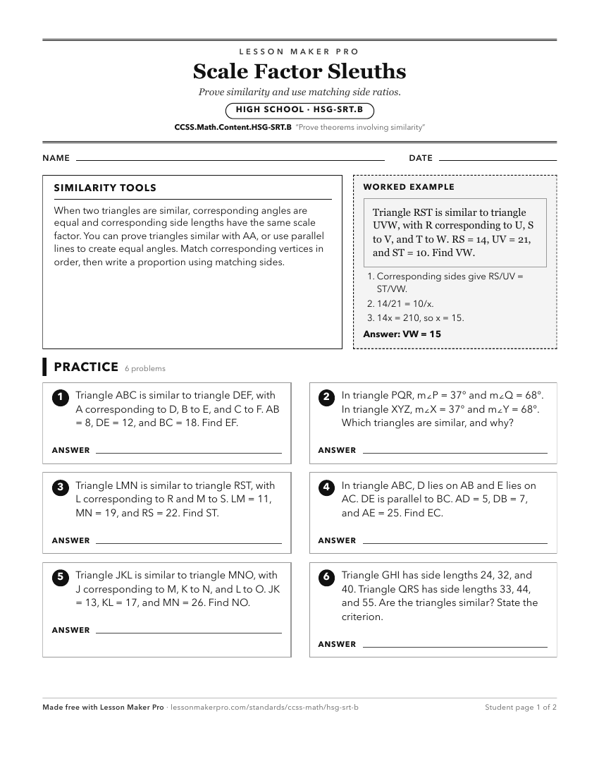 Preview of the CCSS.Math.Content.HSG-SRT.B printable worksheet