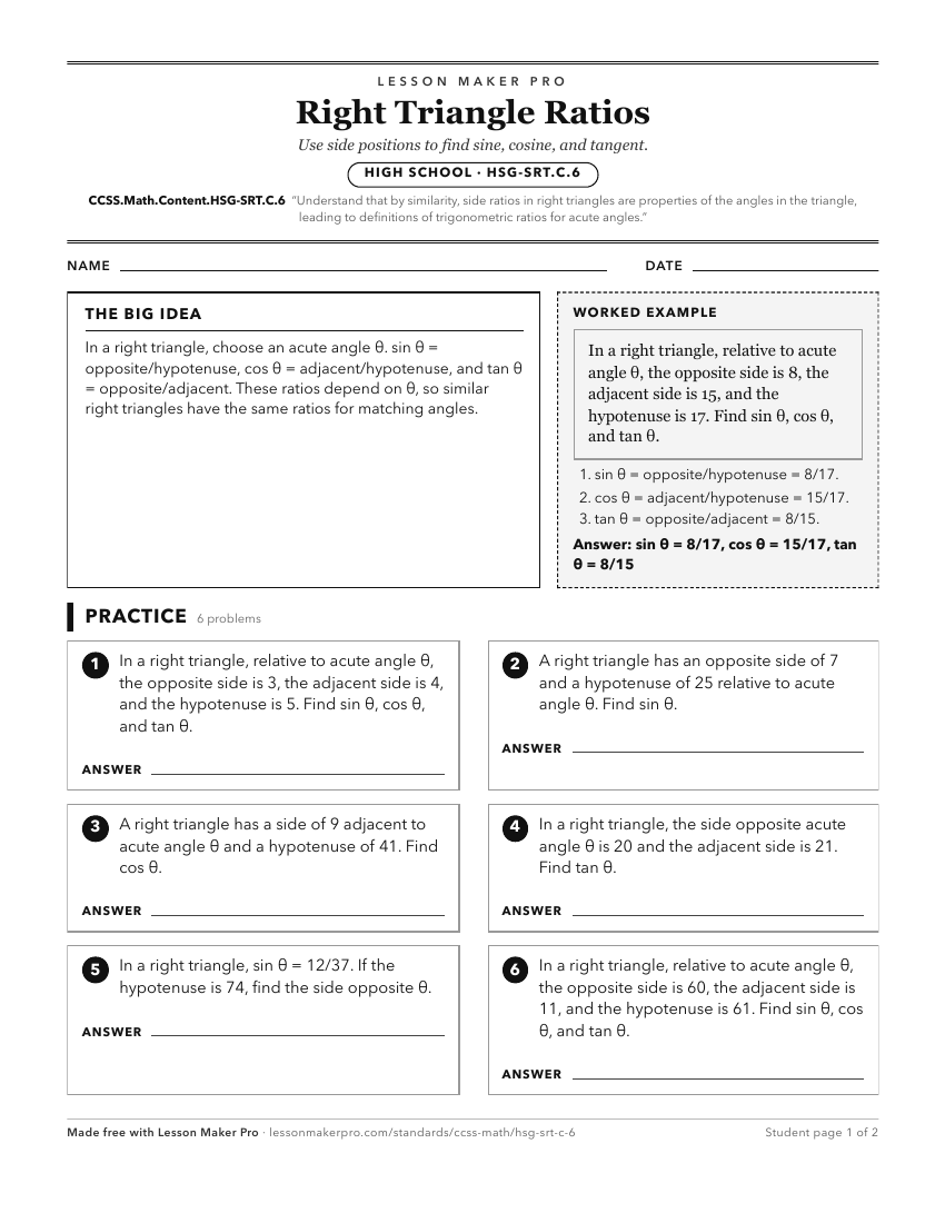 Preview of the CCSS.Math.Content.HSG-SRT.C.6 printable worksheet