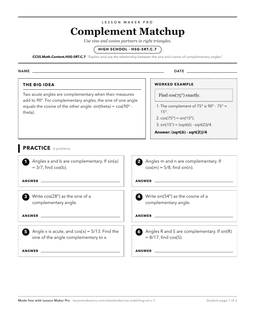 Preview of the CCSS.Math.Content.HSG-SRT.C.7 printable worksheet