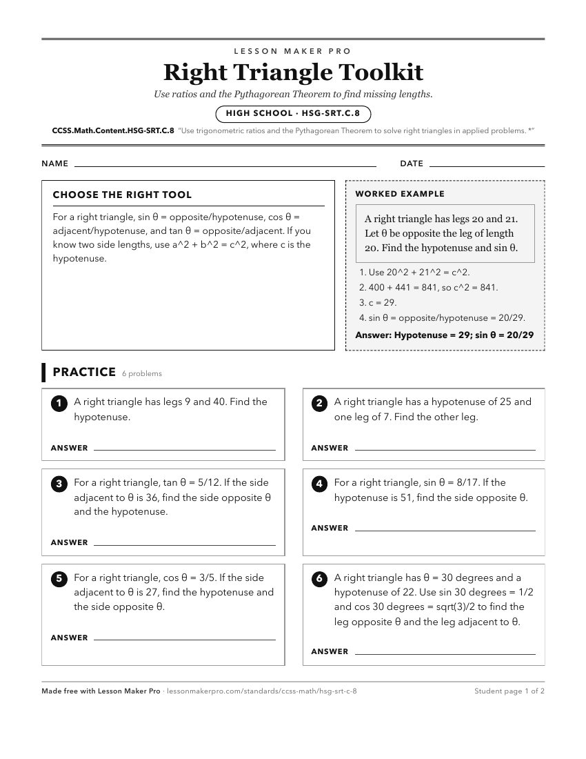 Preview of the CCSS.Math.Content.HSG-SRT.C.8 printable worksheet