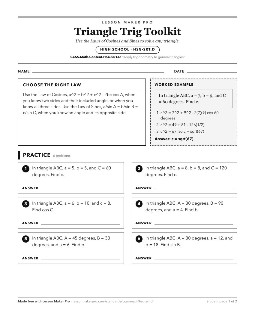 Preview of the CCSS.Math.Content.HSG-SRT.D printable worksheet
