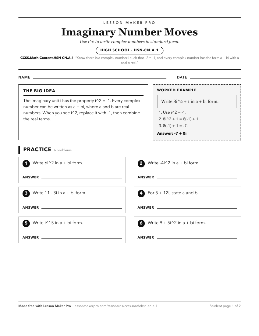 Preview of the CCSS.Math.Content.HSN-CN.A.1 printable worksheet