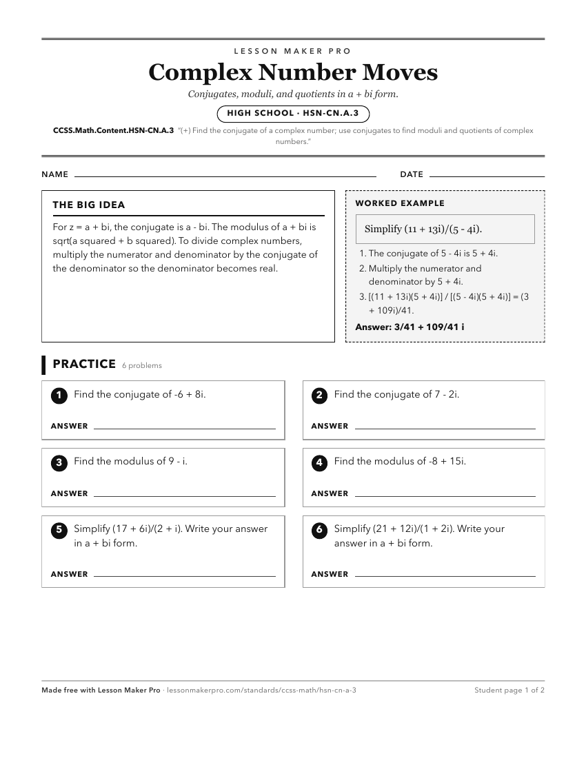 Preview of the CCSS.Math.Content.HSN-CN.A.3 printable worksheet