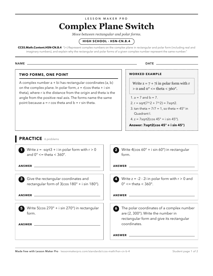 Preview of the CCSS.Math.Content.HSN-CN.B.4 printable worksheet