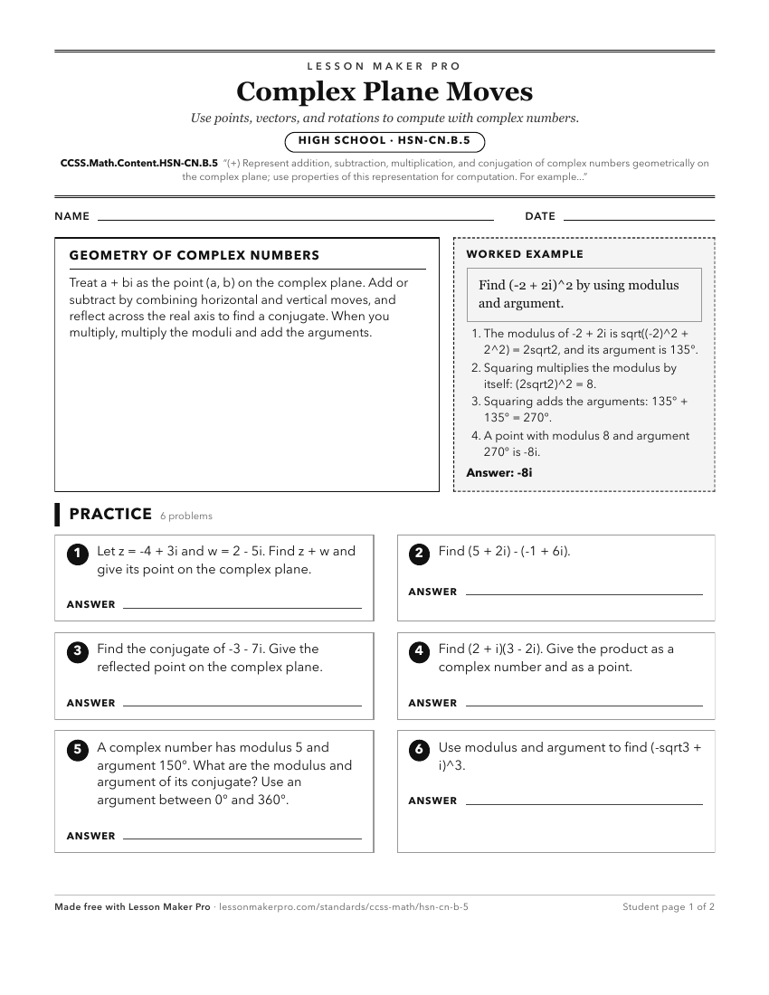 Preview of the CCSS.Math.Content.HSN-CN.B.5 printable worksheet