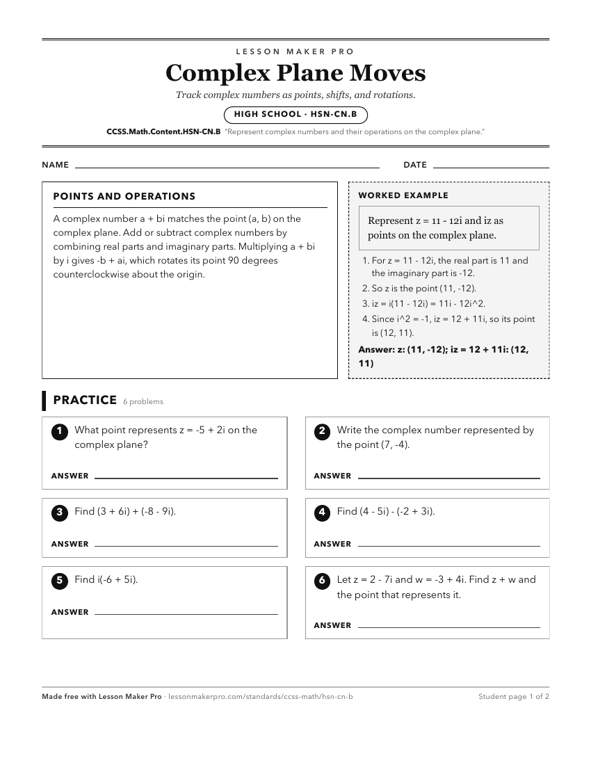Preview of the CCSS.Math.Content.HSN-CN.B printable worksheet