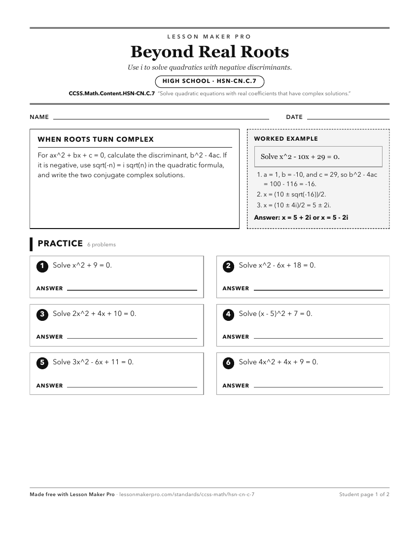 Preview of the CCSS.Math.Content.HSN-CN.C.7 printable worksheet