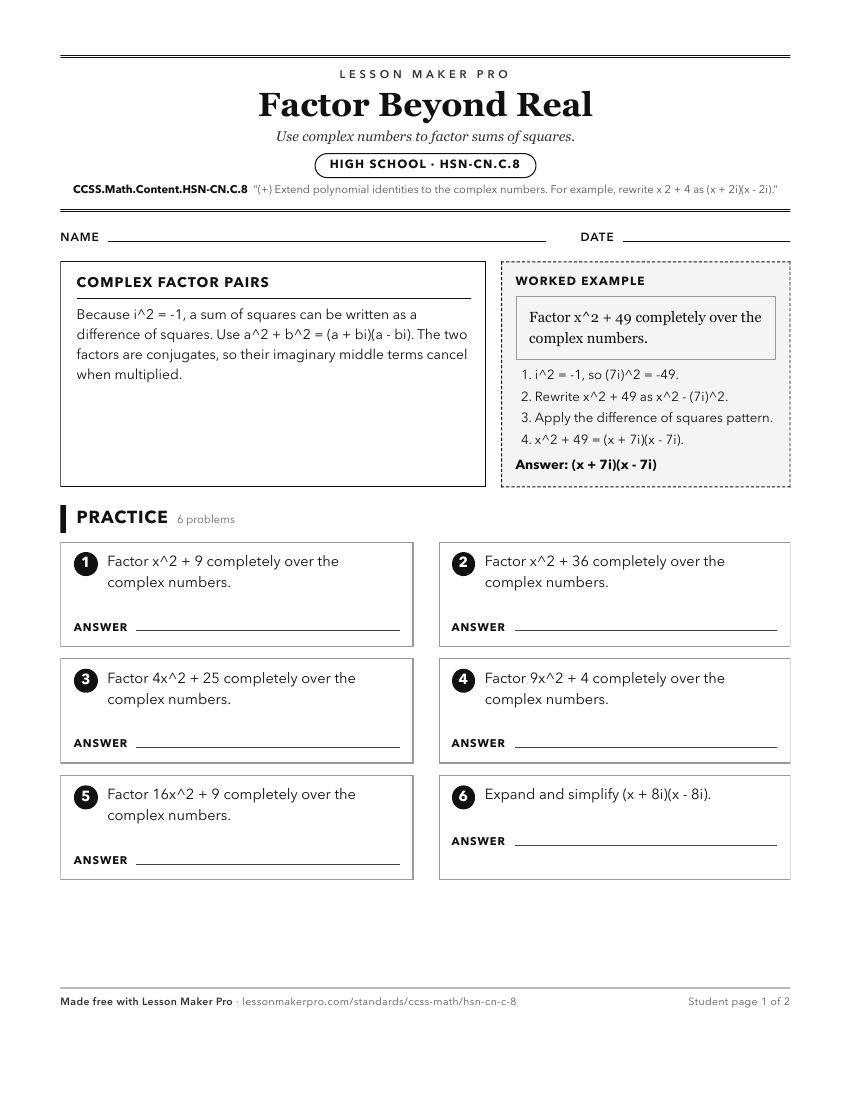 Preview of the CCSS.Math.Content.HSN-CN.C.8 printable worksheet