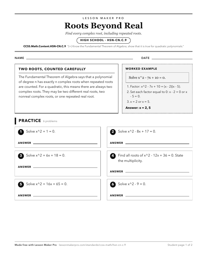 Preview of the CCSS.Math.Content.HSN-CN.C.9 printable worksheet