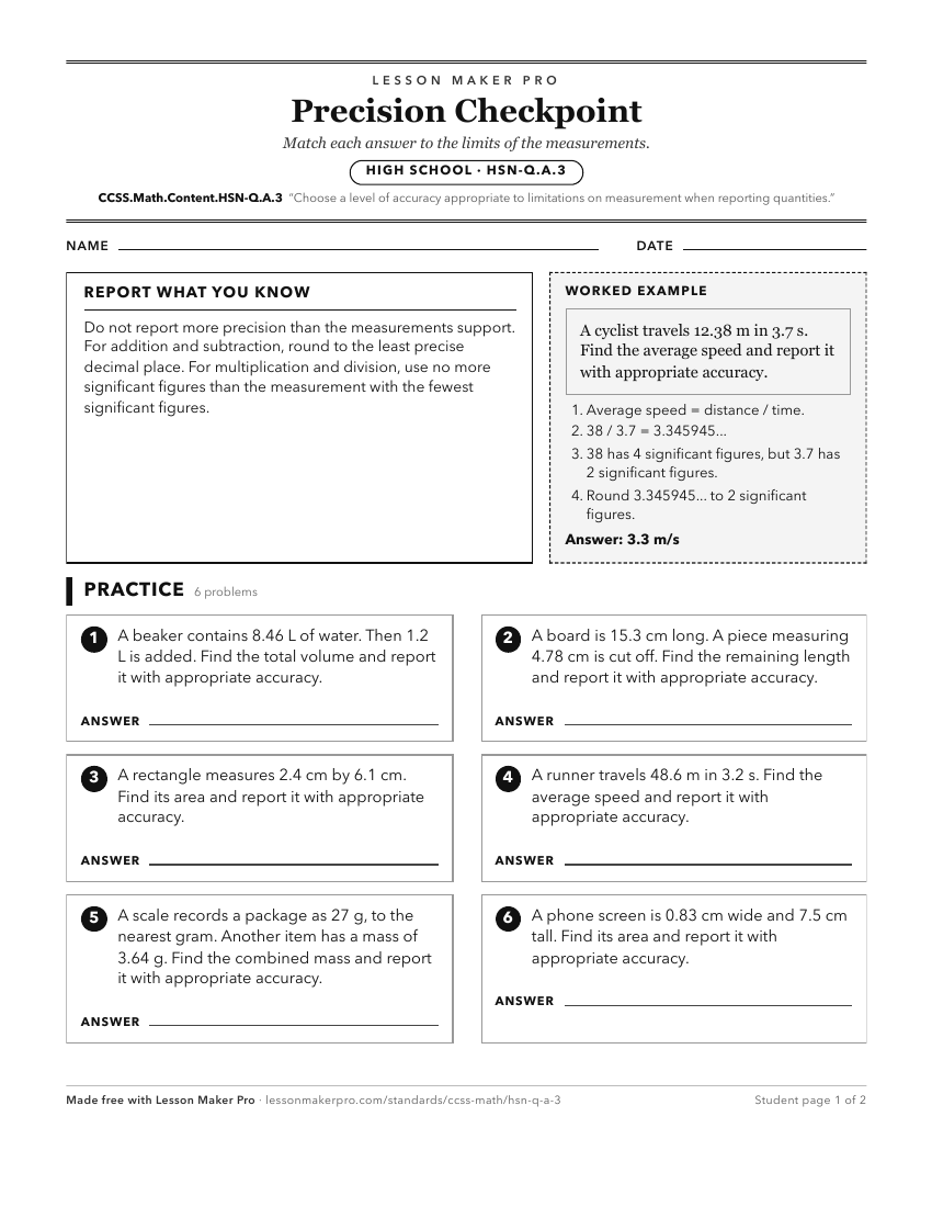 Preview of the CCSS.Math.Content.HSN-Q.A.3 printable worksheet