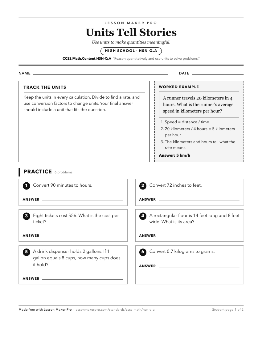 Preview of the CCSS.Math.Content.HSN-Q.A printable worksheet