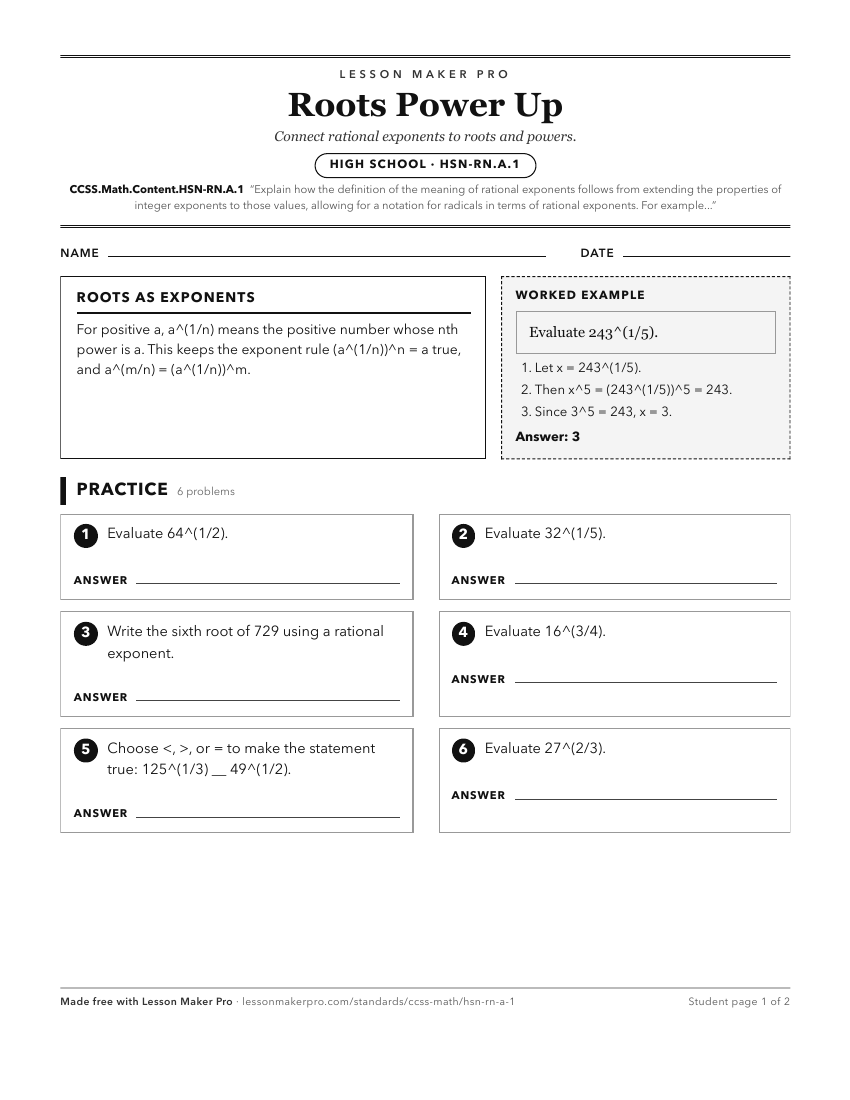 Preview of the CCSS.Math.Content.HSN-RN.A.1 printable worksheet