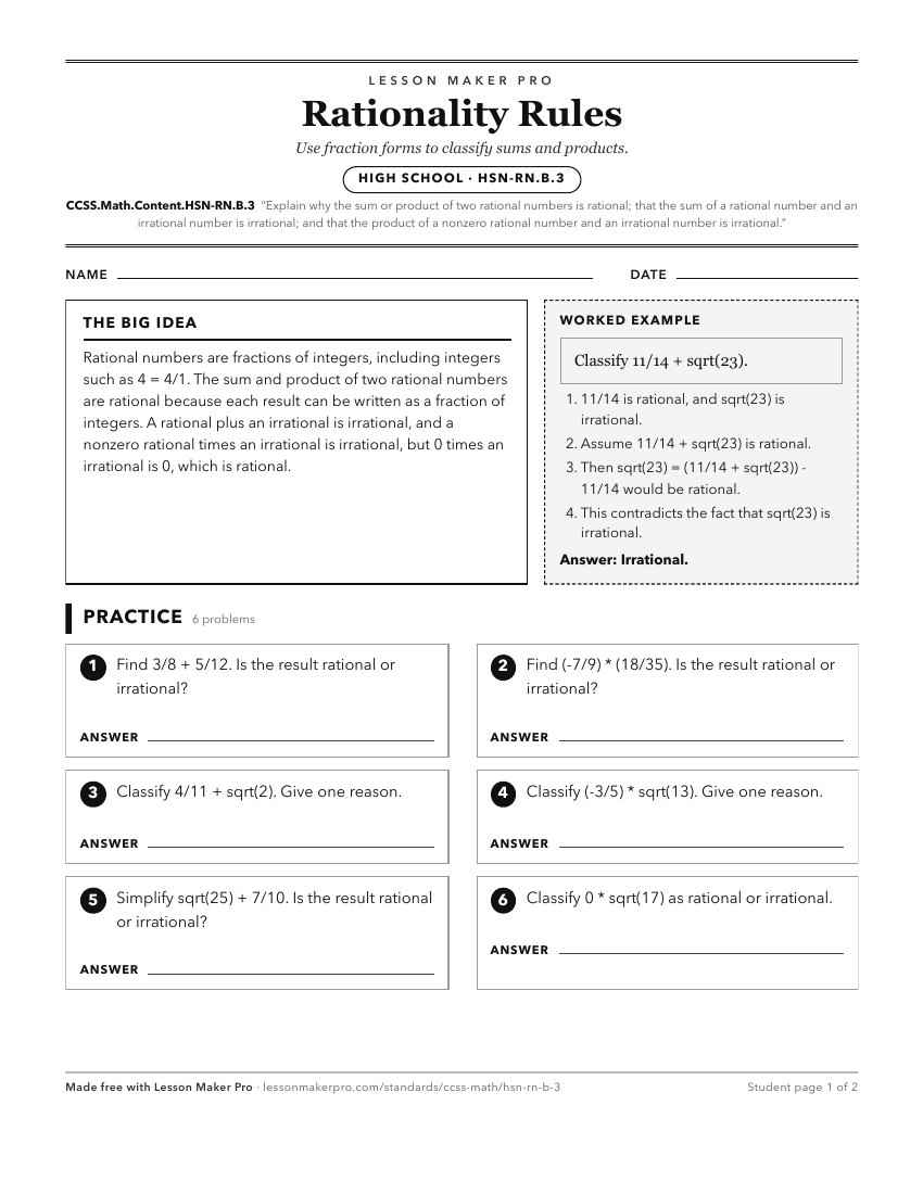 Preview of the CCSS.Math.Content.HSN-RN.B.3 printable worksheet