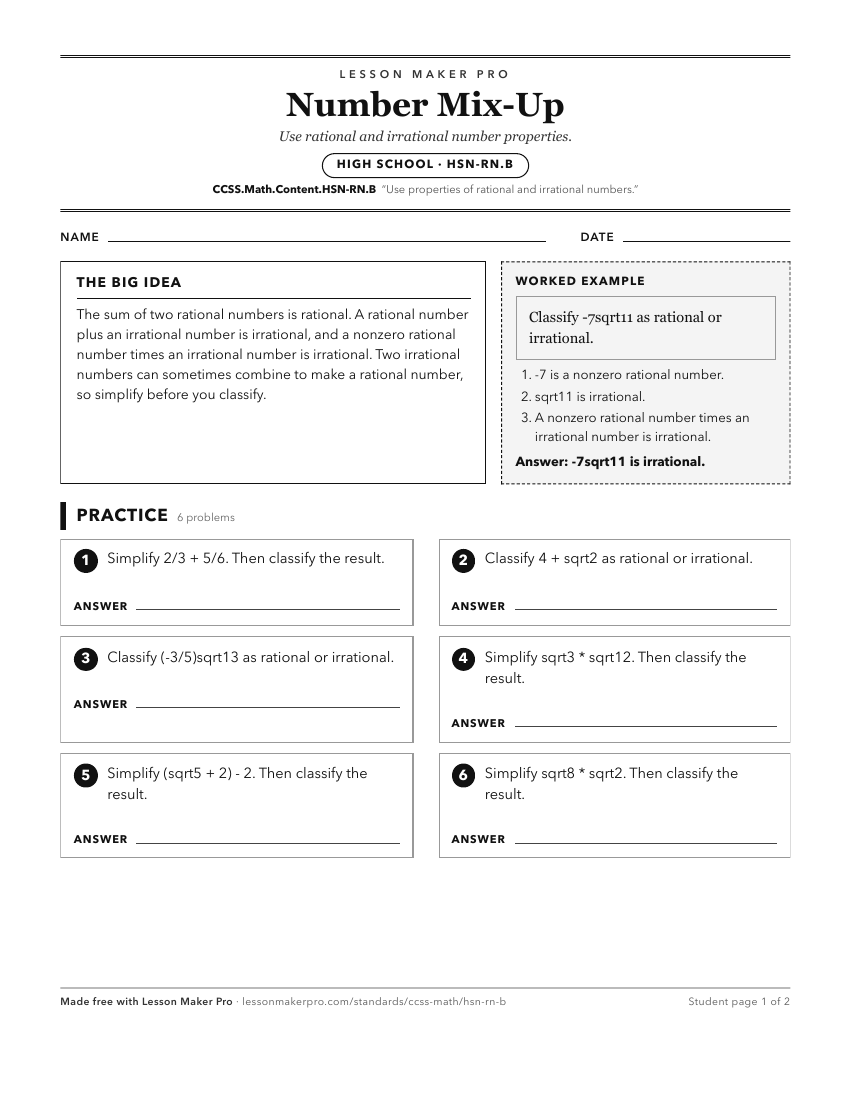 Preview of the CCSS.Math.Content.HSN-RN.B printable worksheet