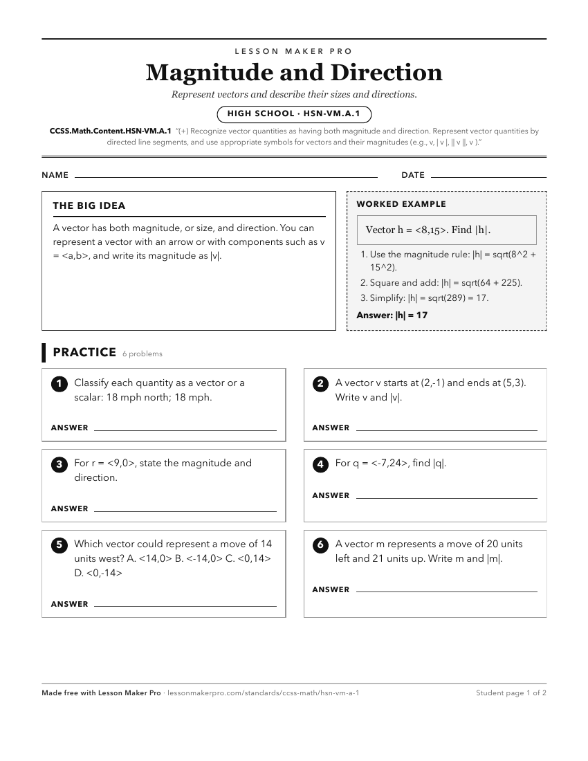 Preview of the CCSS.Math.Content.HSN-VM.A.1 printable worksheet