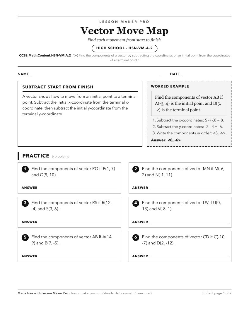 Preview of the CCSS.Math.Content.HSN-VM.A.2 printable worksheet